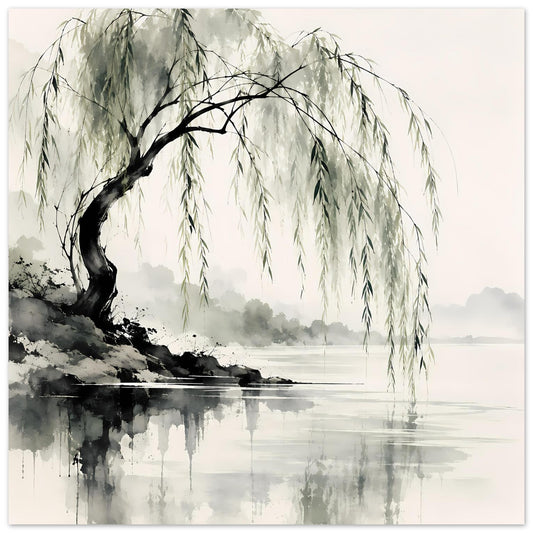Naturposter mit weinender Weide und Wasserlinie: dunkler Baum, grüne Zweige, ruhige Reflexion