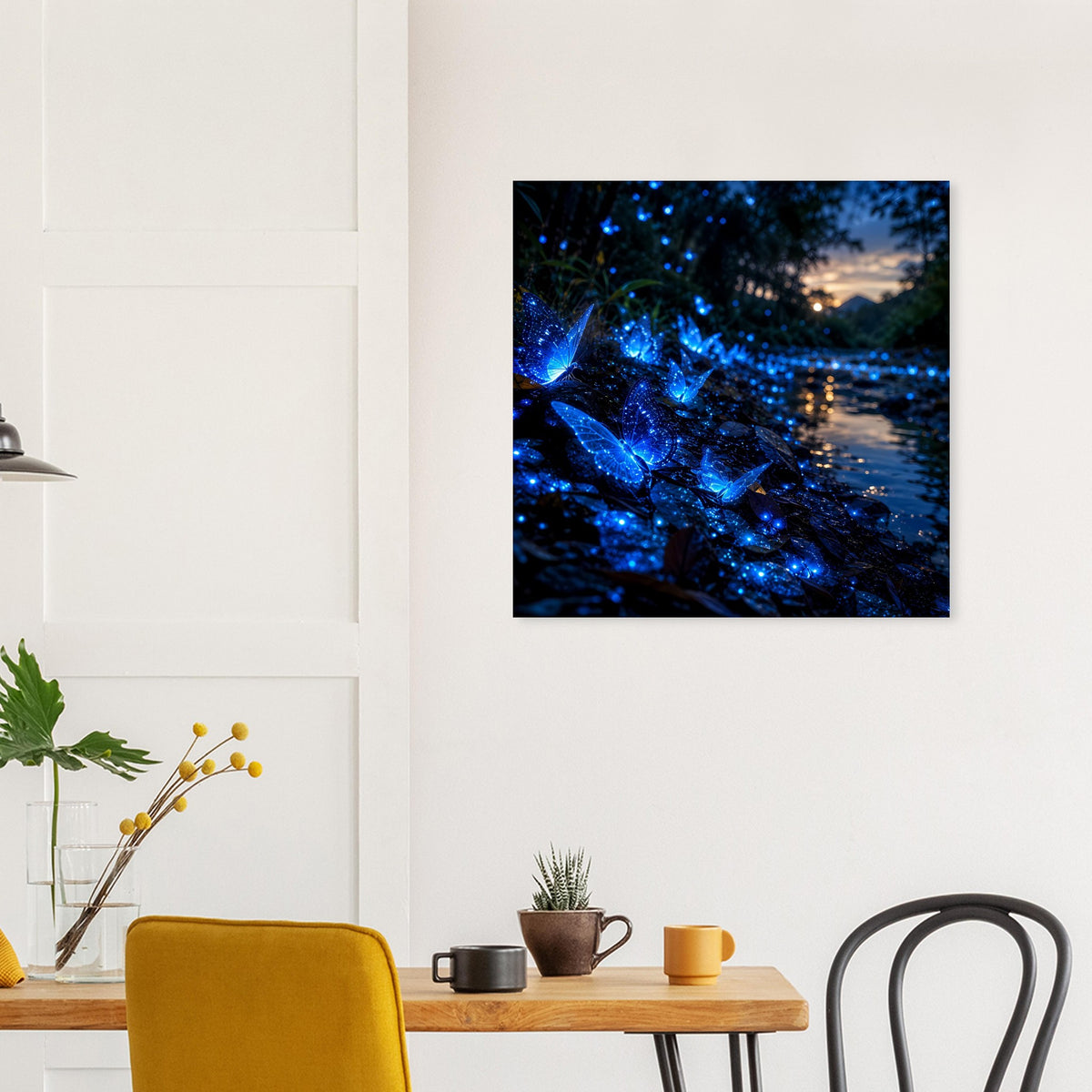 Quadratisches Poster mit leuchtendem blauem Schmetterling über Wasser und Lichtern