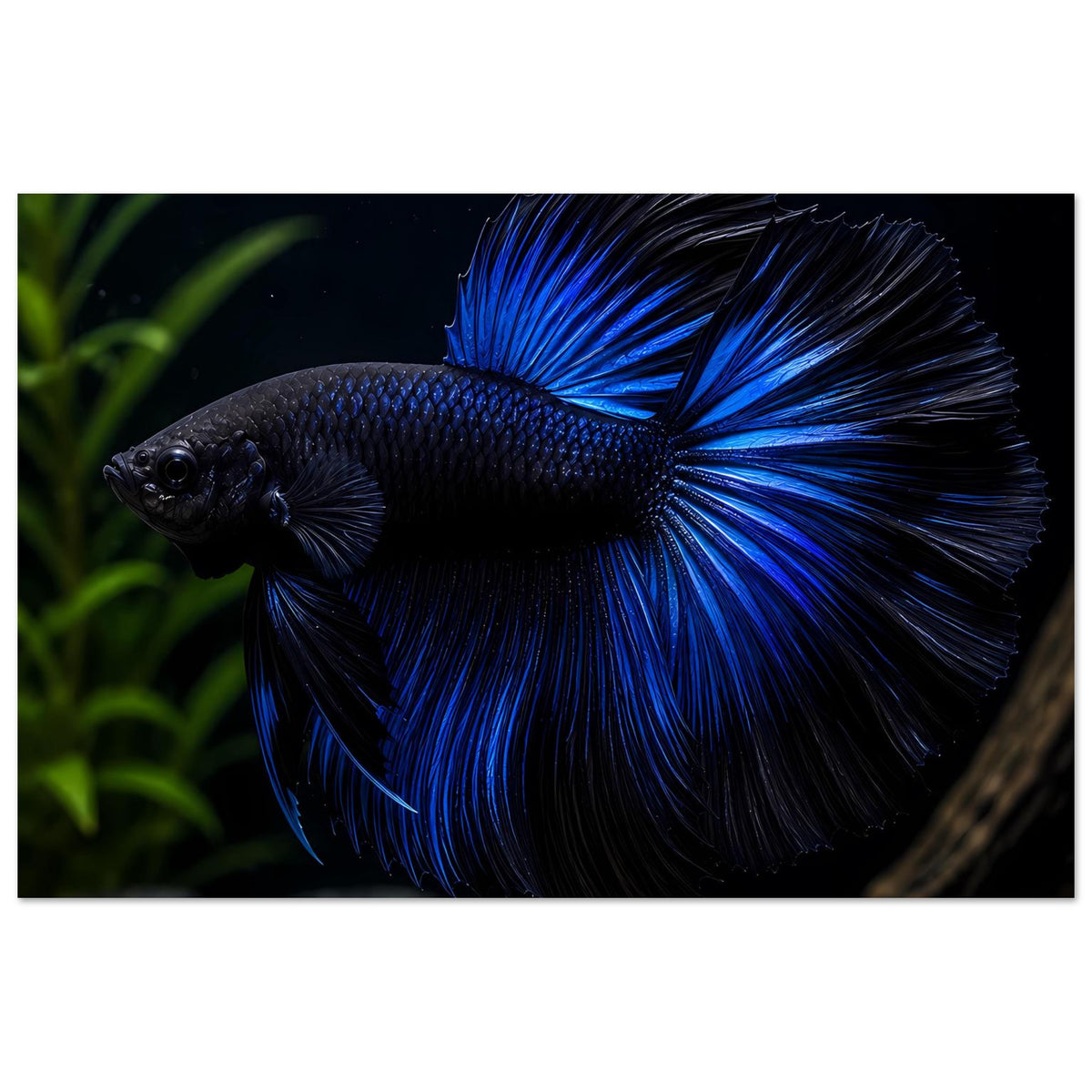 Poster mit blauem Betta-Kampffisch, klarer Fokus auf leuchtend blaue Flossenstrahlen