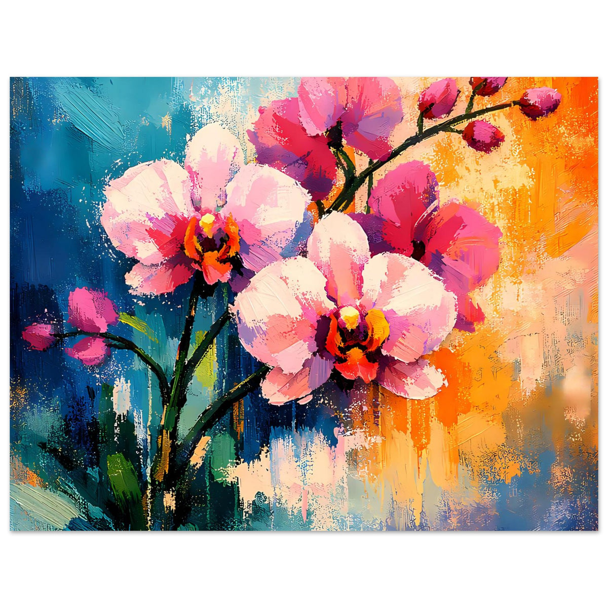 Horizontales Blumenposter mit rosa und weißen Blüten am dunklen Ast auf abstraktem Farbgrund