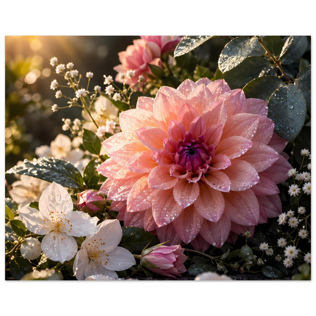 Blumenposter mit rosa Blüte und weißen Blüten, Blätter mit Tau, leichter Seitenblick