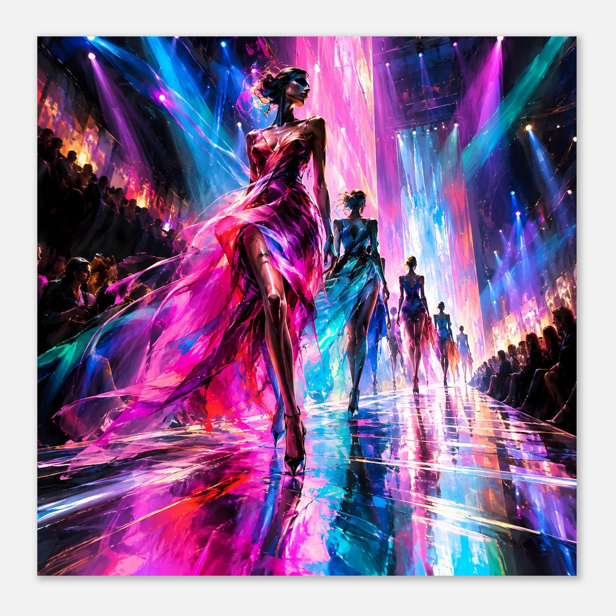 Poster im Hochformat: zentrale Laufstegfigur mit schillerndem Kleid, Neonlicht im Hintergrund