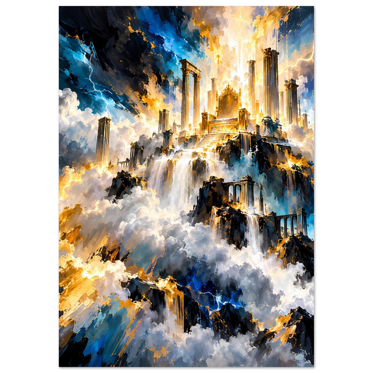 Fantasy-Poster Hochformat: Wasserfalllandschaft mit Ruinen, gold leuchtende Säulen und blaue Wolken
