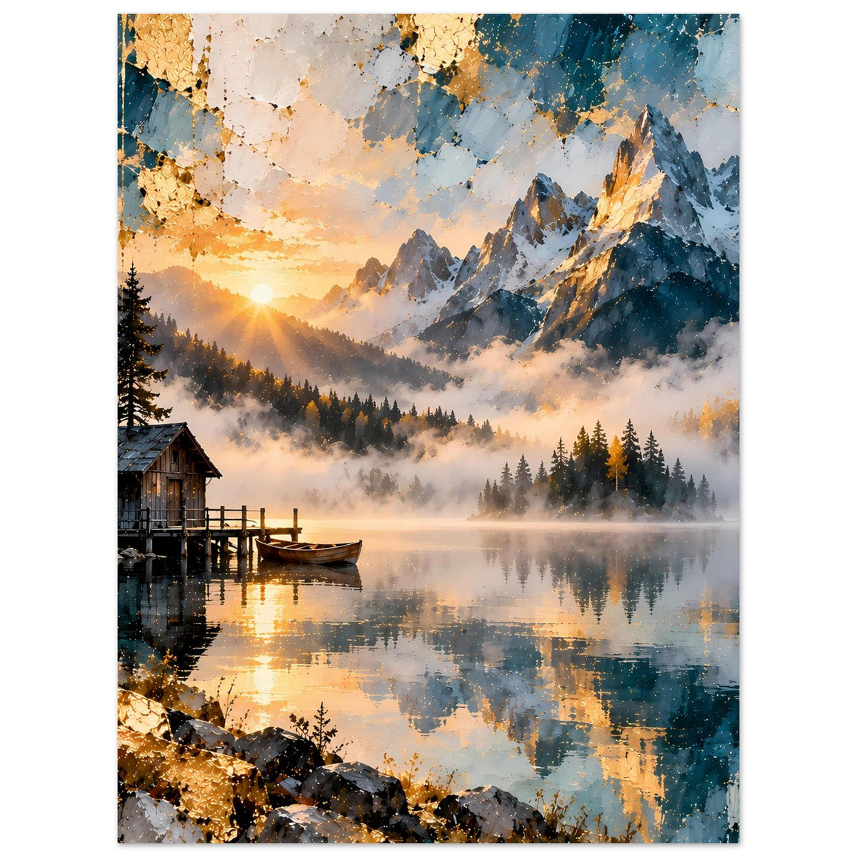 Wandposter mit Bergsee-Panorama, Sonnenaufgang, Felsen, reflektierender See und Gebirge