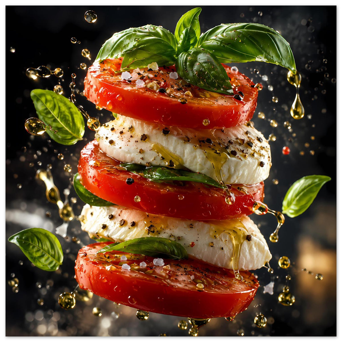 Küchenposter im Hochformat mit gestapelten Tomaten, Mozzarella und Basilikum