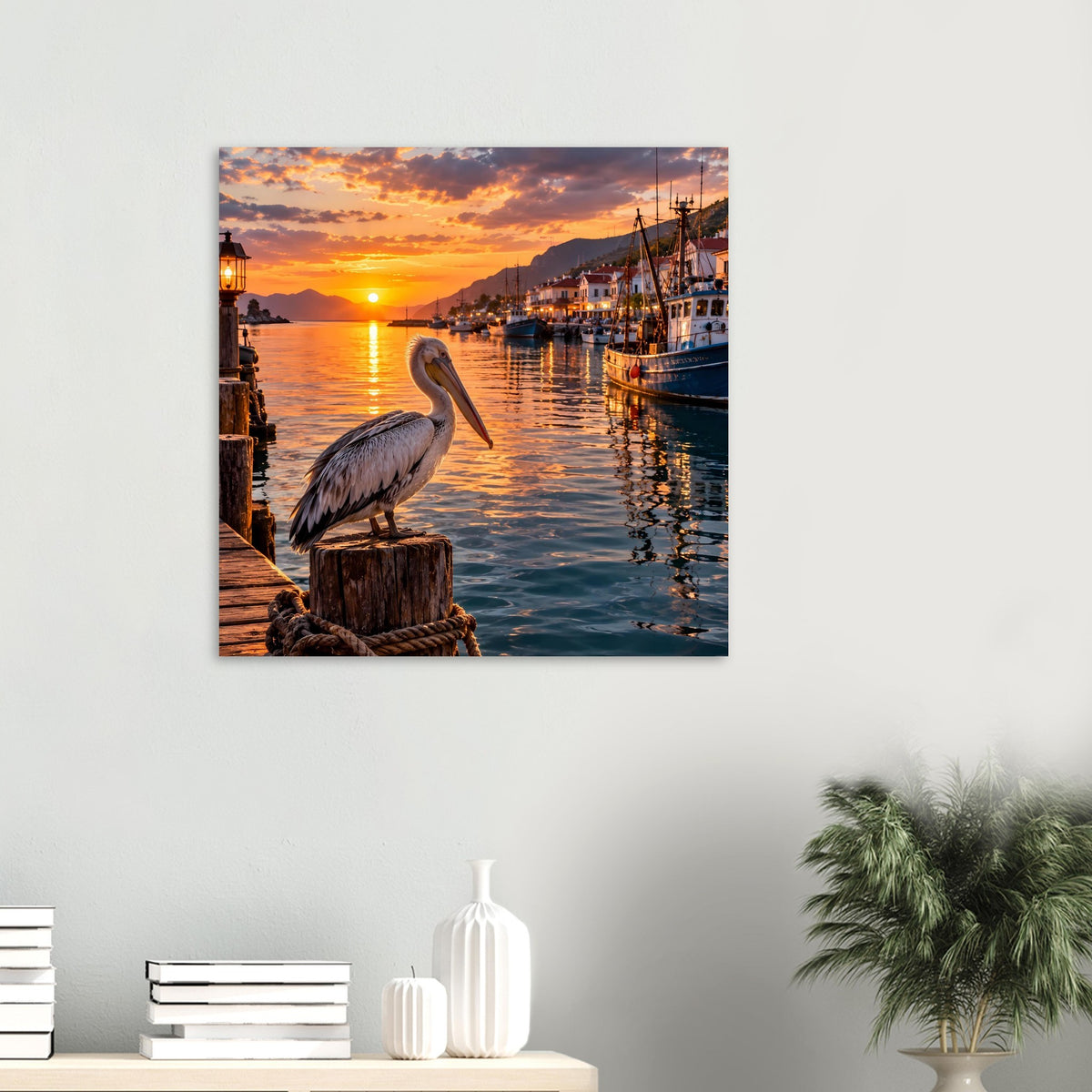Wandposter mit ruhigem Pelikan auf Holzpfahl vor Sonnenuntergangshafen und Wasserreflexen