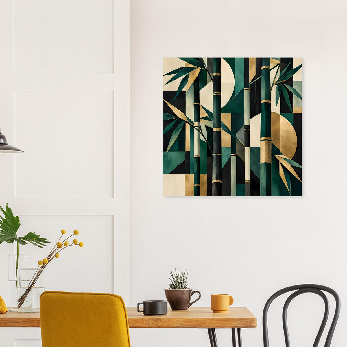 Quadratisches Naturposter mit abstraktem Bambus in Smaragdgrün und Gold, weißer Rand
