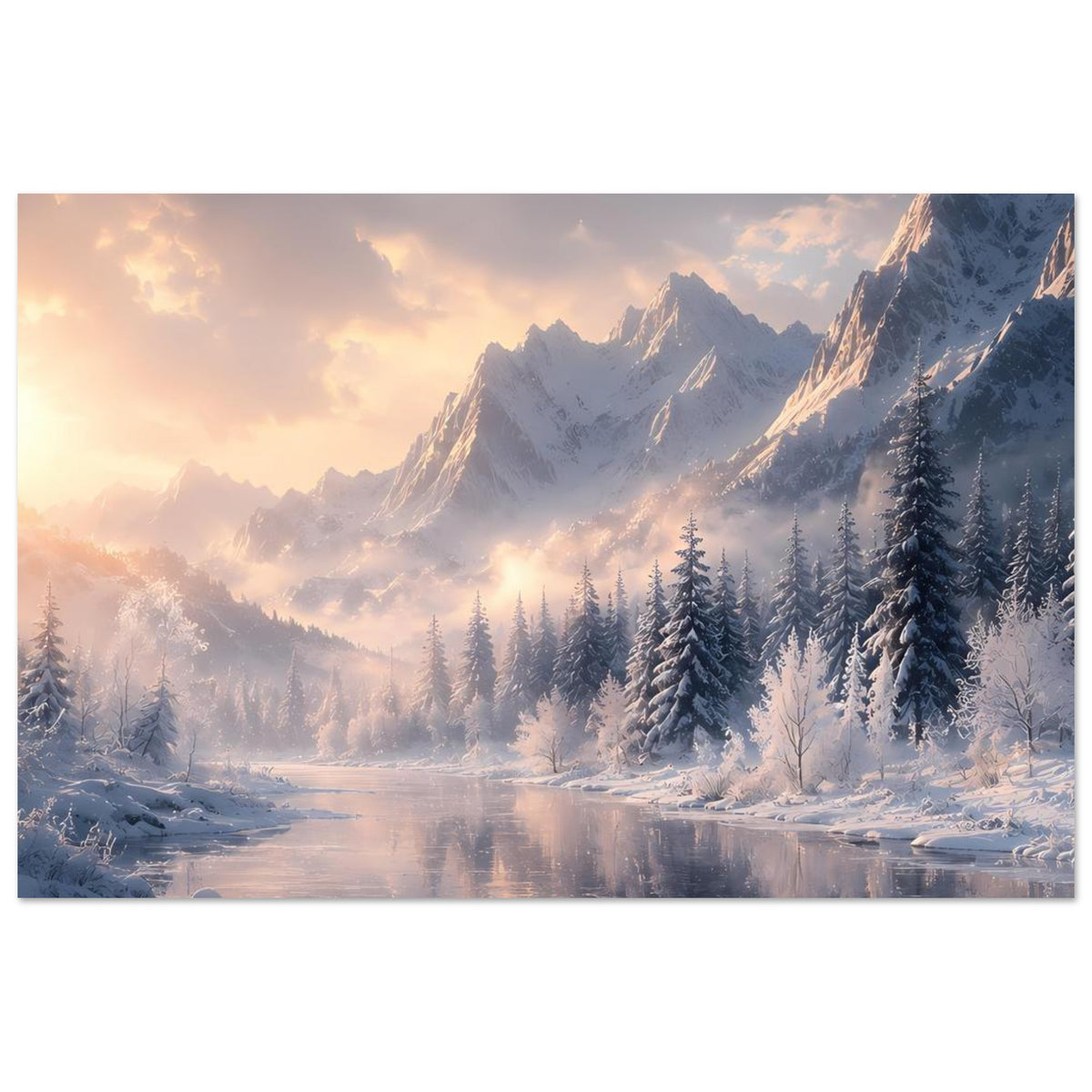 Winterlandschaft-Poster mit schneebedeckten Felsgipfeln und verschneiten Tannen