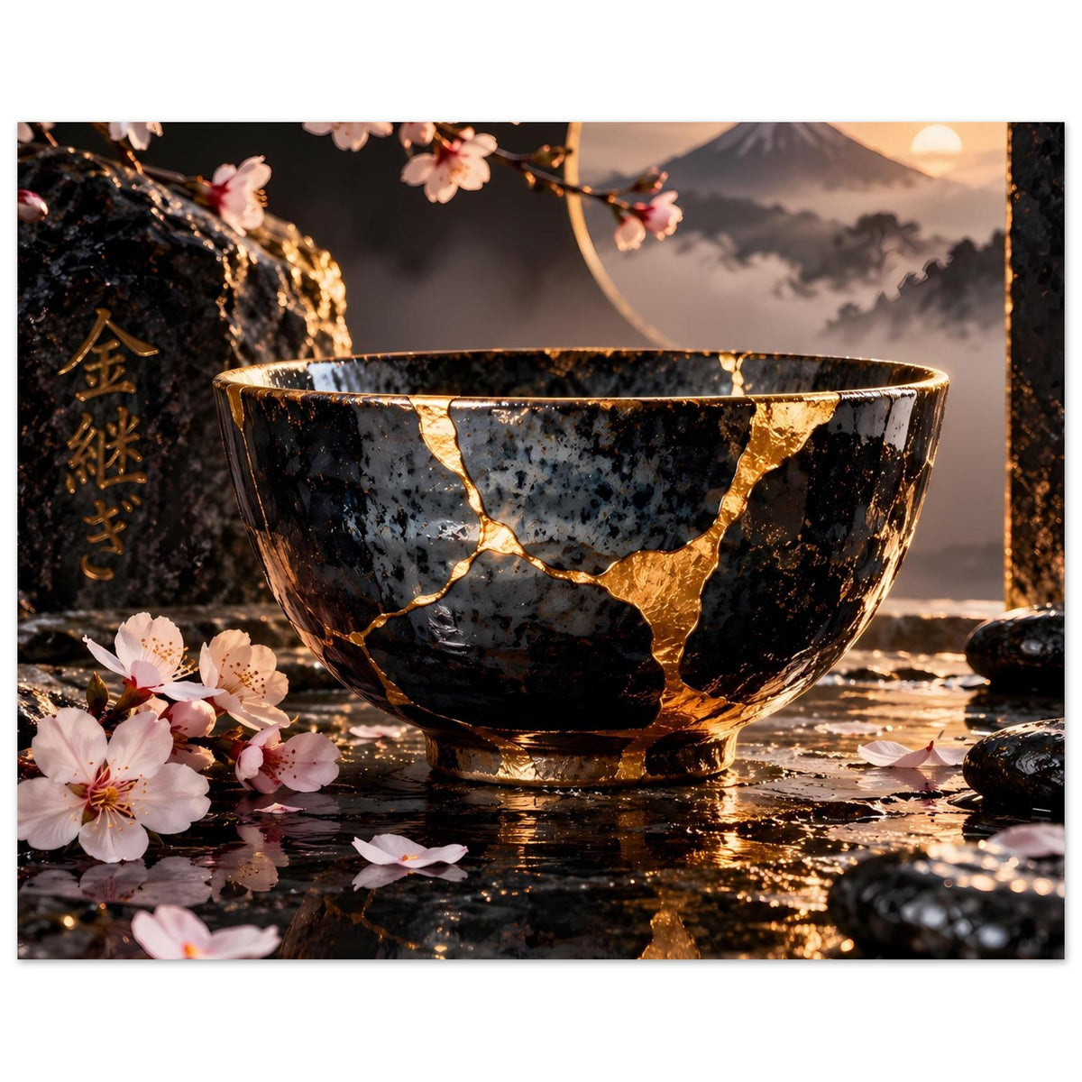 Poster mit Kintsugi-Schale: schwarzer Becher, goldene Bruchlinien, Kirschblüten, Steintextur