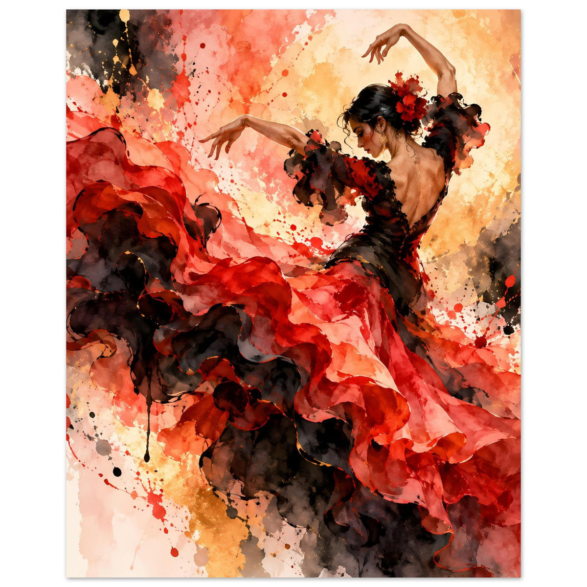 Flamenco-Tanzposter mit Tänzerin in Rot-Schwarz, detaillierter Rüschenrock und Armhaltung