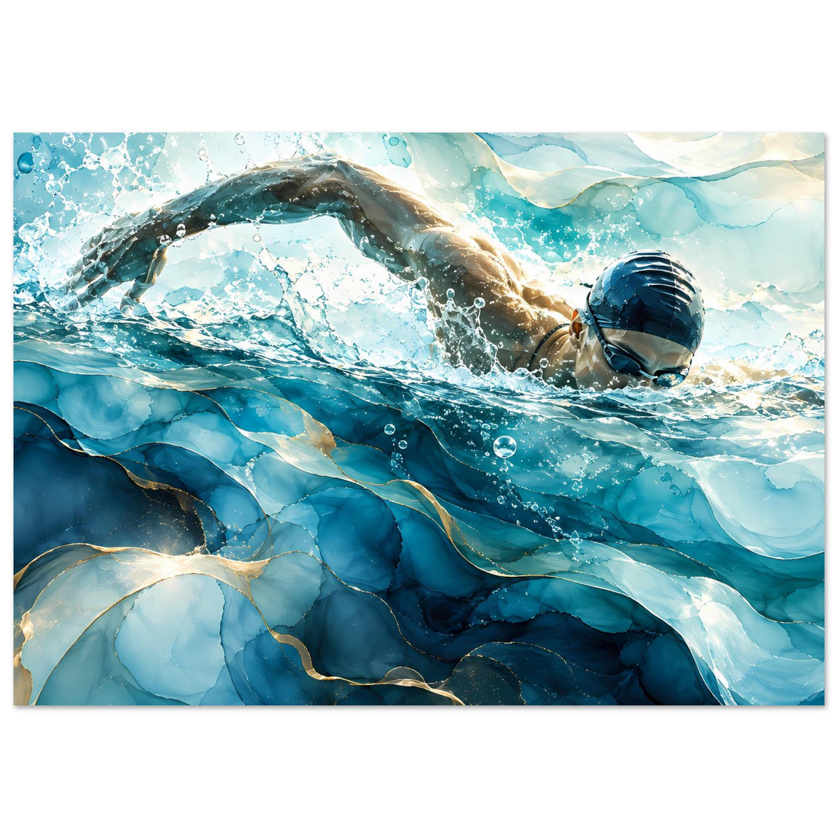 Wandposter mit Schwimmer in Blautönen, konzentrierter Blick auf Arm, Kopf und Blasen, vertikal