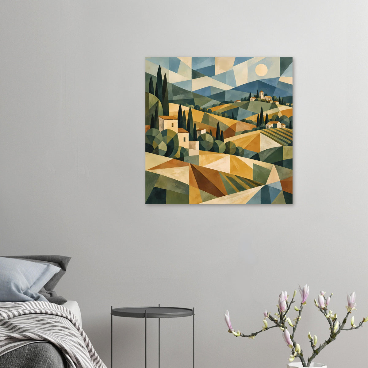 Kleines Geometrie-Poster mit Toskana-Landschaft, Hügeln, Zypressen und warmer Farbpalette.