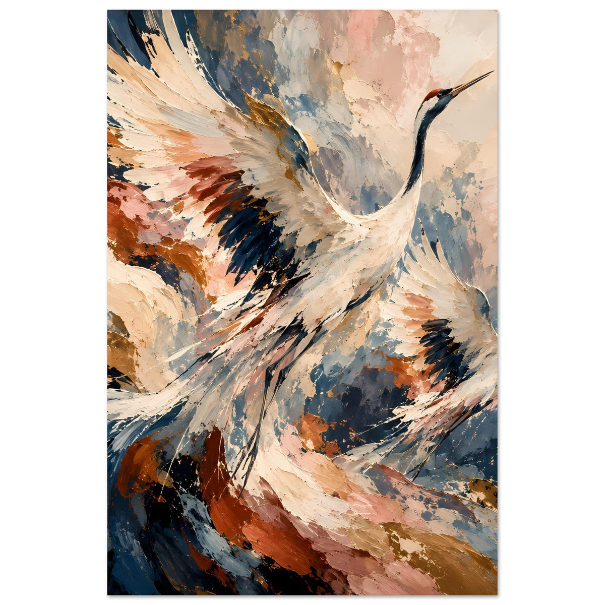 Hochformat-Poster mit fliegendem Kranich, abstrakte Pinselstruktur in Creme, Blau und Terrakotta