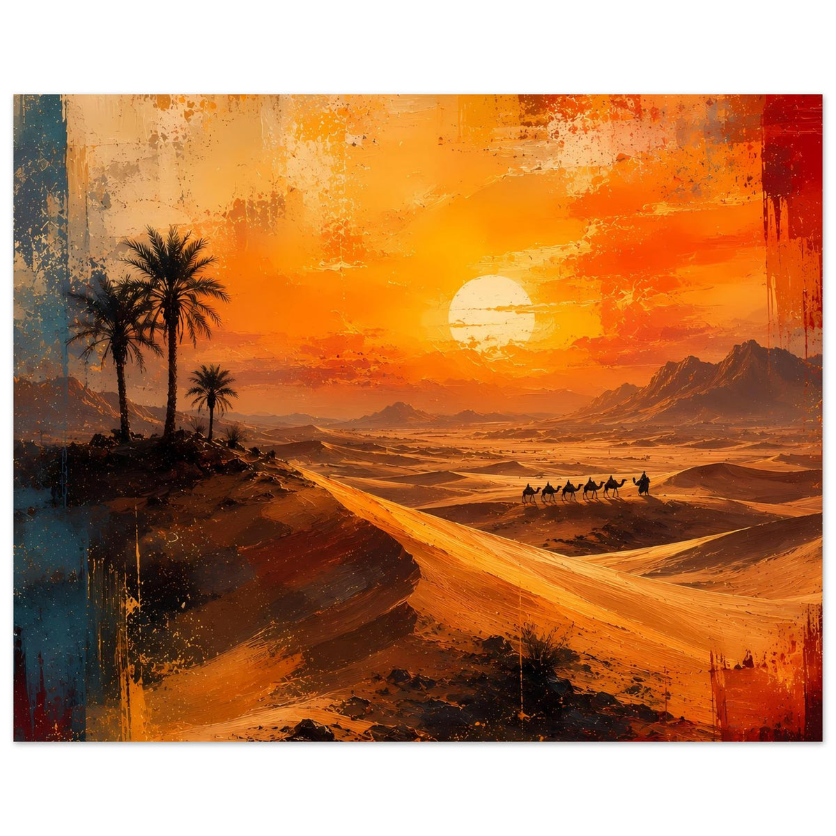 Querformat-Poster mit Palmen links, goldenen Dünen, Sonne am Horizont und Karawane