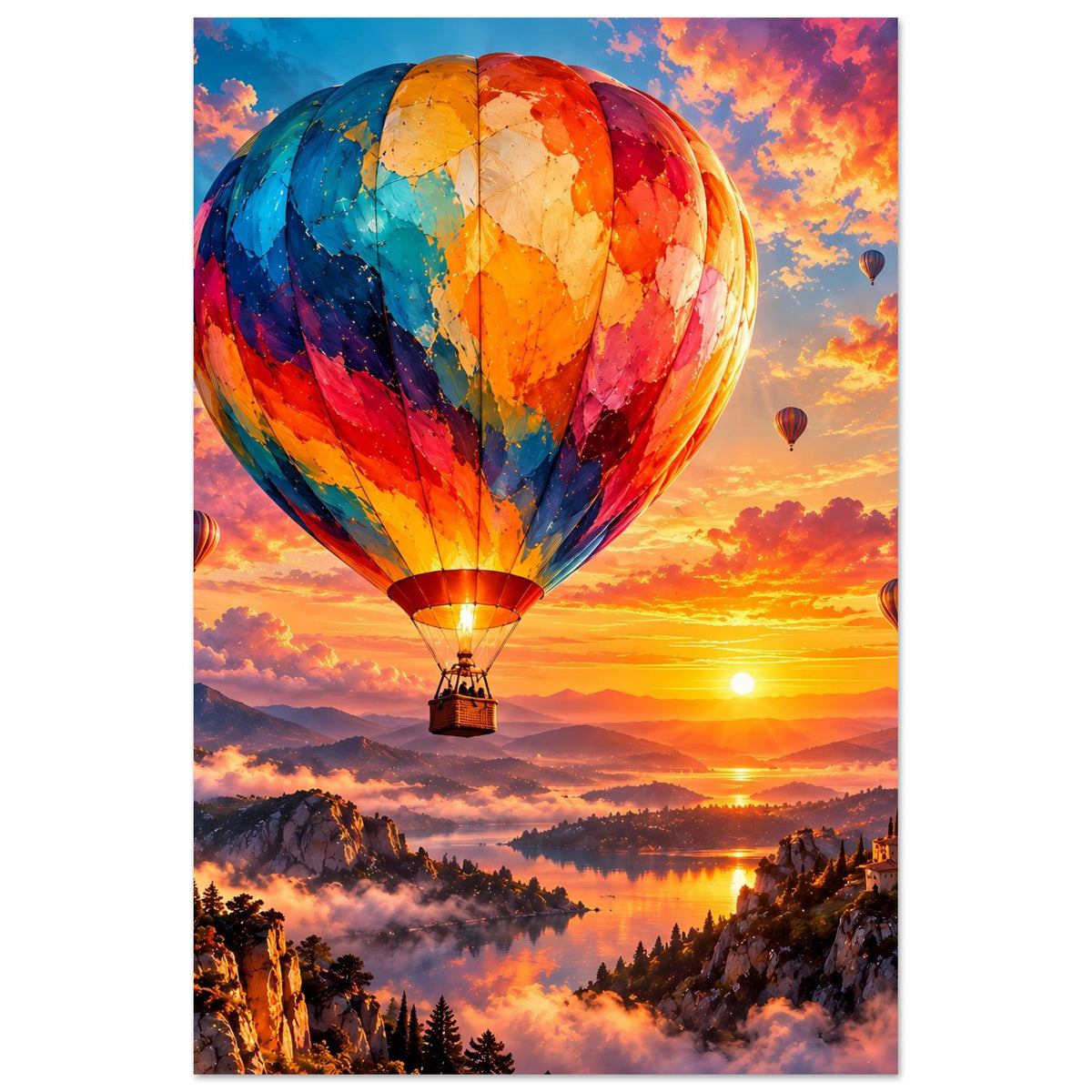 Poster mit großem Heißluftballon im Vordergrund, goldroter Sonnenuntergang