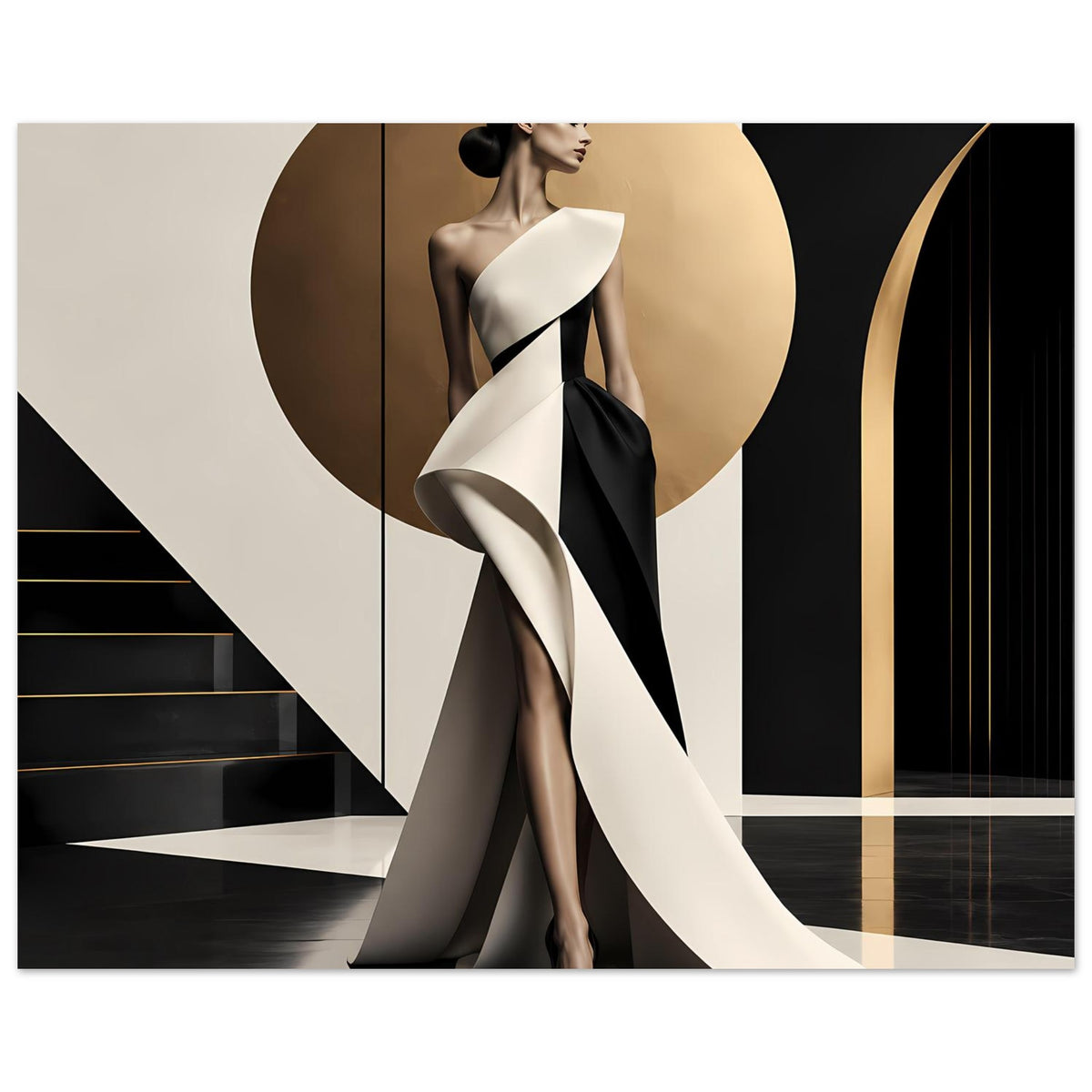 Minimalistisches Poster mit Frau im Schwarz-Weiß-Look, weißer Drapierung über schwarzem Outfit