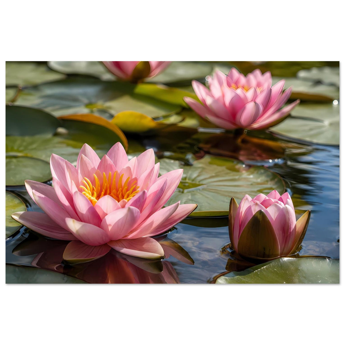 Poster mit drei rosa Seerosen auf Wasser, grüne Blätter und Blütenknospe