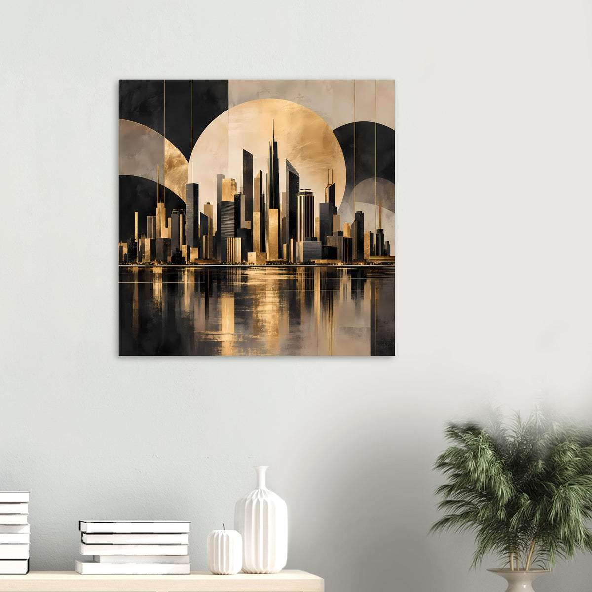 Kleines Stadtposter in Gold und Schwarz mit Skyline, Kreisbogen und Wasserreflexion