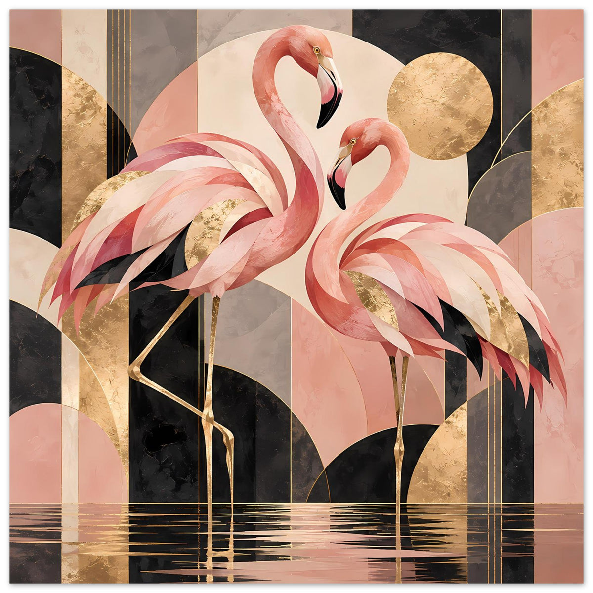 Zwei rosa Flamingos vor geometrischem Hintergrund mit Goldakzenten in Schwarz und Creme – Hauptmotiv