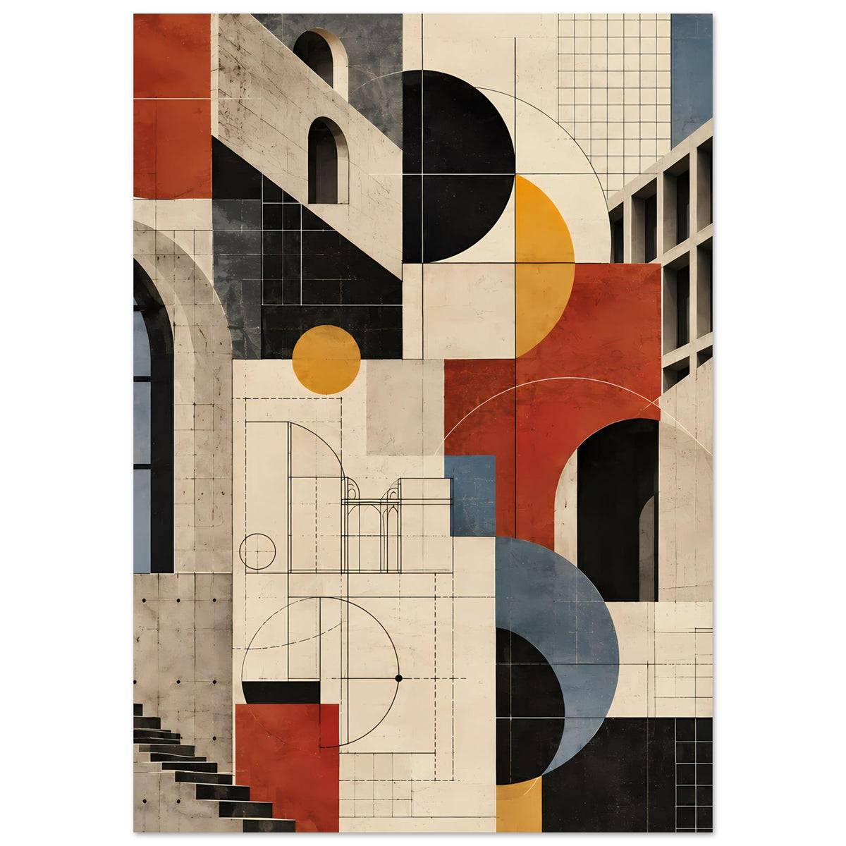 Kunstposter mit geometrischer Komposition aus Bögen, Kreisen und Linien in Terrakotta, Blau