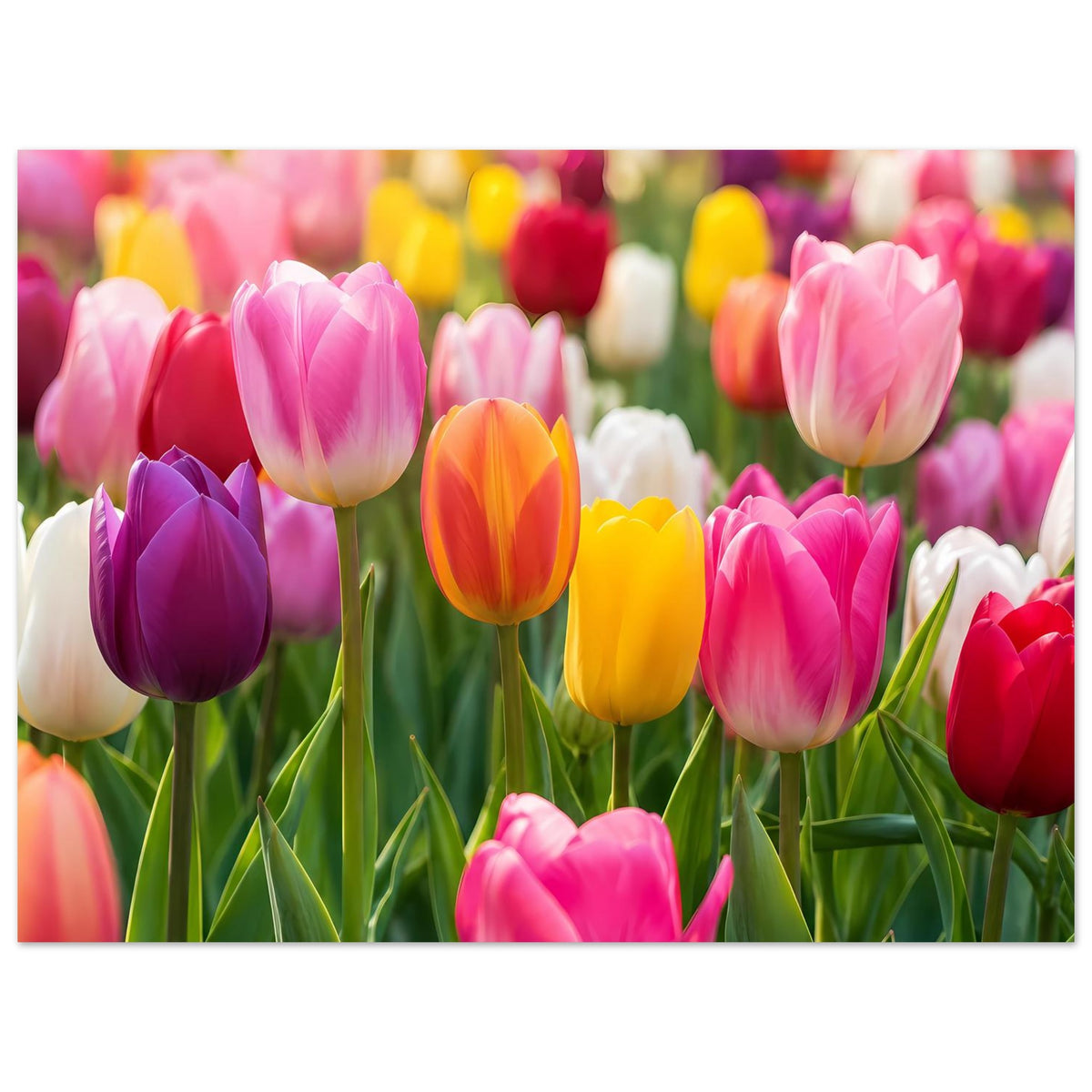Tulpen-Gartenposter mit mehrfarbigen Tulpenblüten, horizontal gerahmt