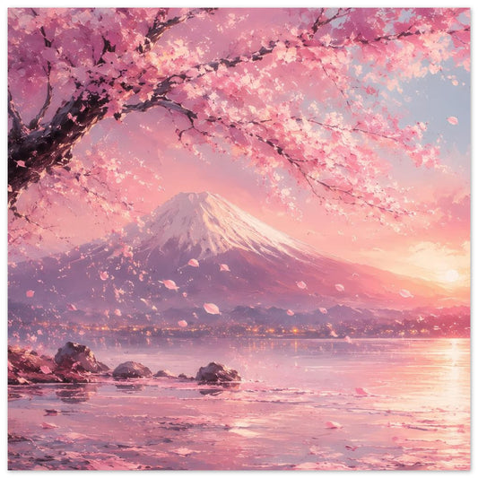 Quadratisches Poster mit Kirschblütenzweigen, Fuji-Berg und rosafarbenem See im Abendlicht