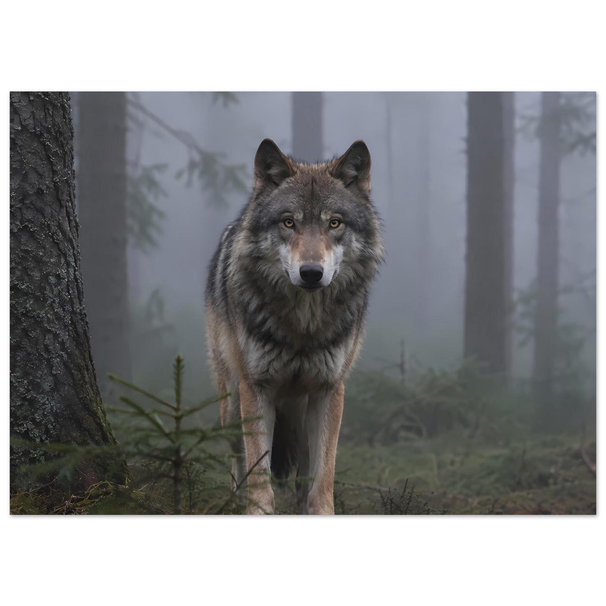 Wolfsposter im Querformat mit frontal blickendem Wolf vor Baumstämmen im Waldmotiv.