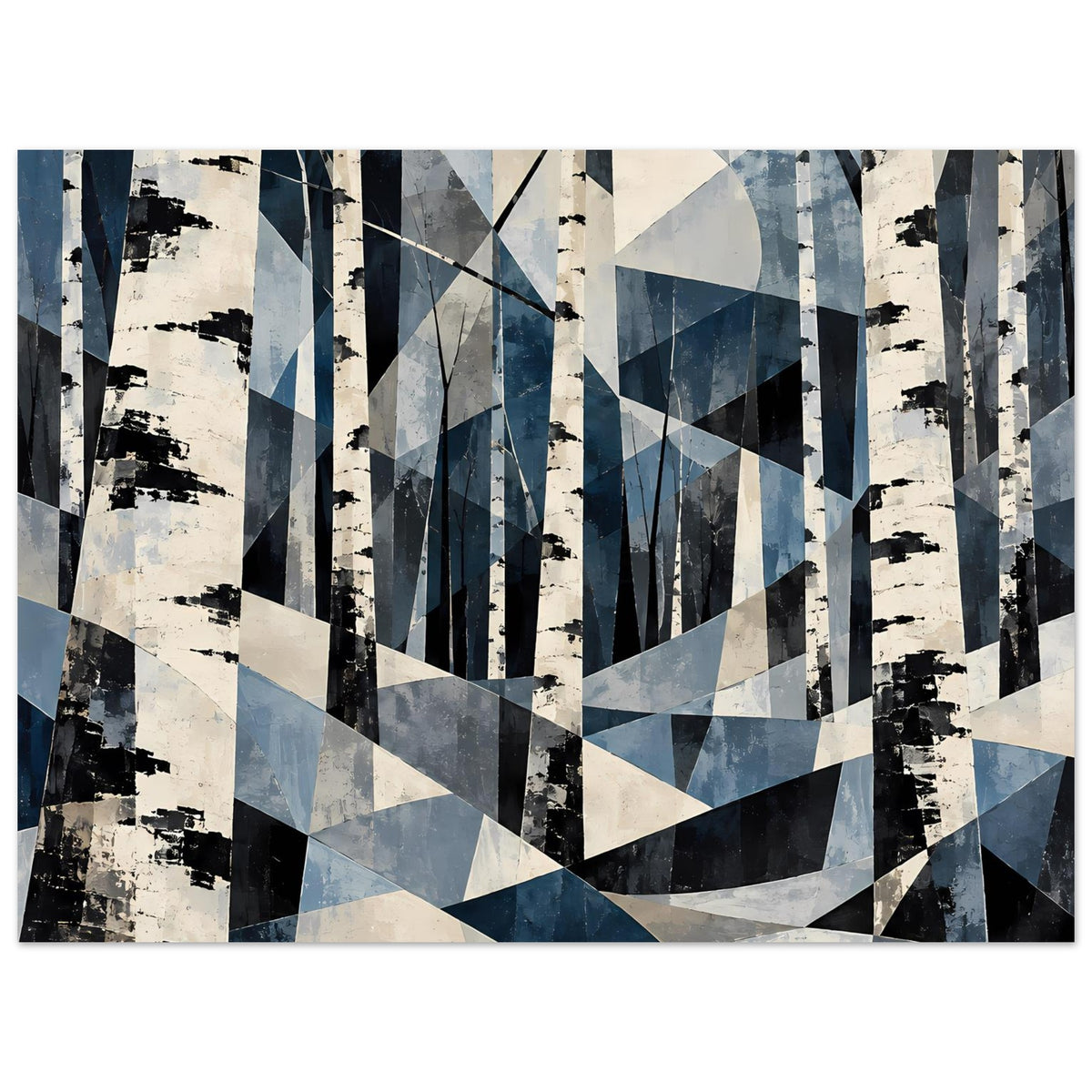 Naturposter im Querformat mit geometrischem Birkenwald in Blau, diagonale helle Streifen