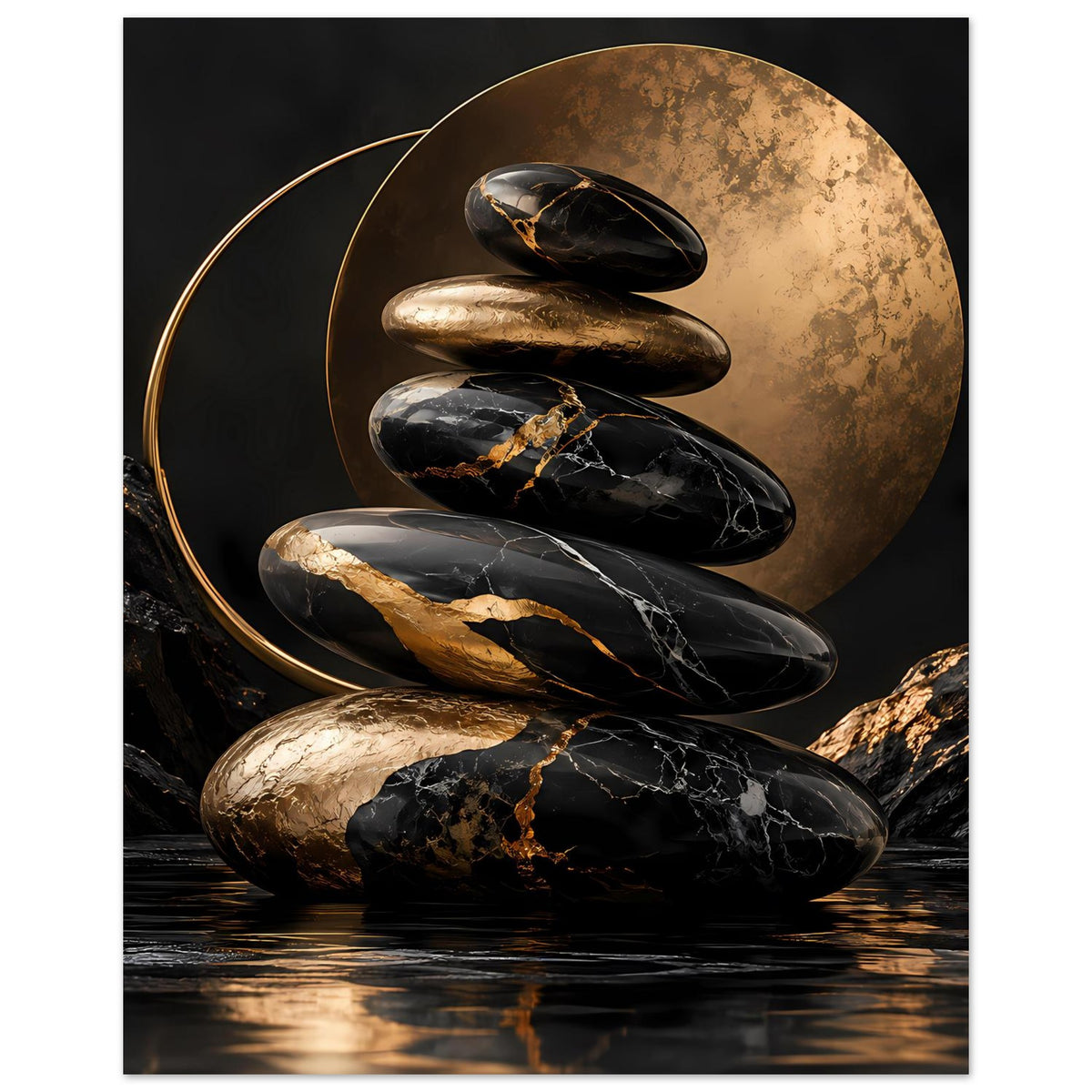 Poster mit Zen-Steinen in Schwarz und Gold, goldene Kreislinie links, Wasserreflexe