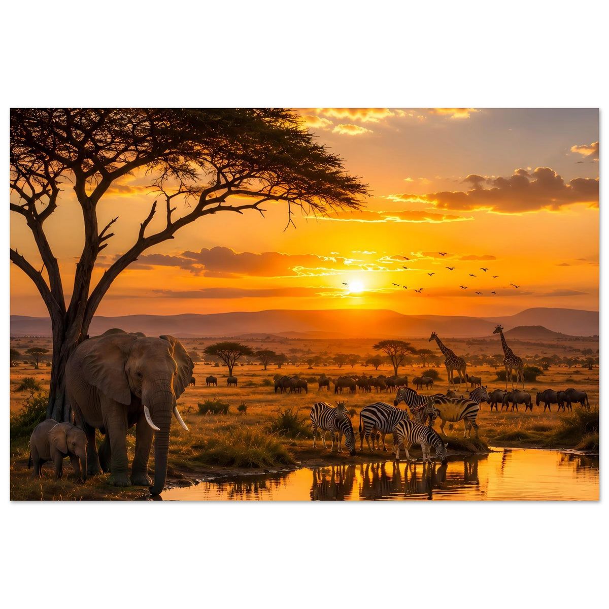 Poster mit Elefanten am Ufer, Zebras an der Wasserstelle bei warmem Sonnenuntergang