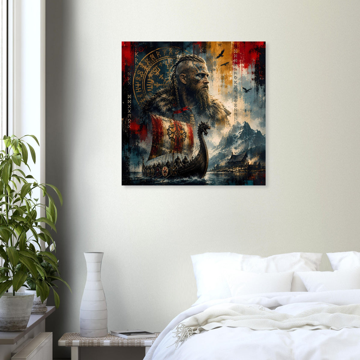 Wandposter mit bärtigem Wikinger und Landschaft, blaue und rote Farbakzente vor hellem Hintergrund.
