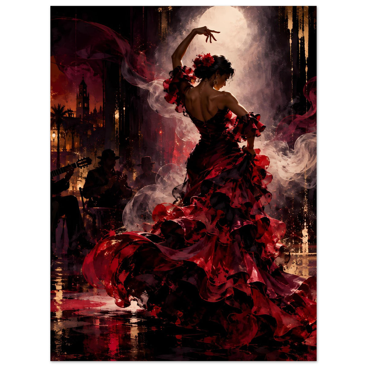 Flamenco-Passion Poster: Tänzerin im schwarzen und roten Kleid, großer Rockschwung