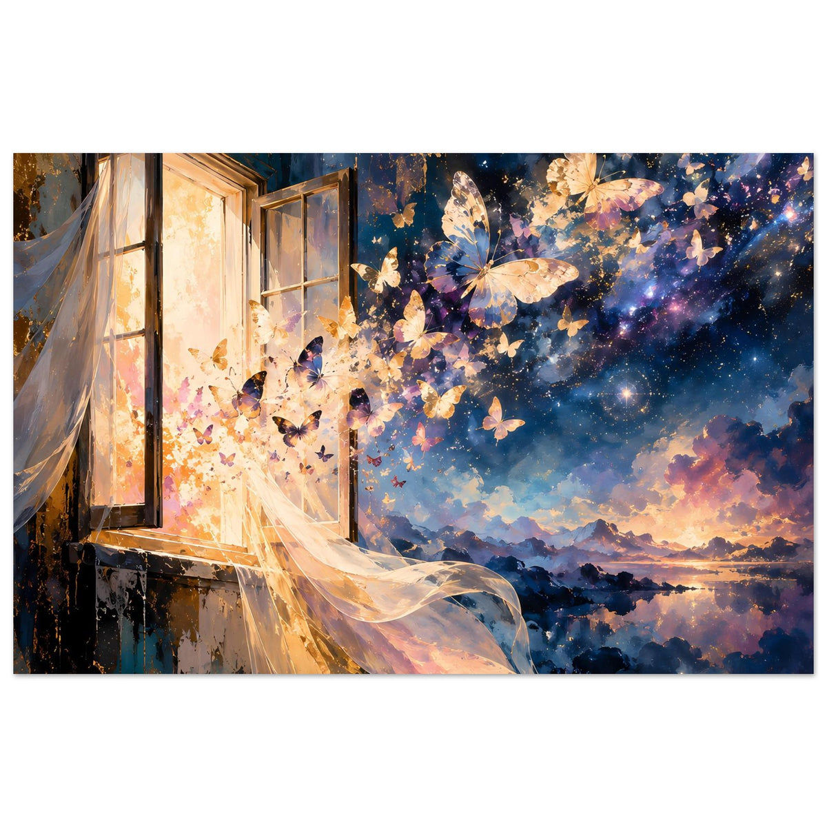 Kunstposter mit Schmetterlingen, Sternenhimmel und Fensterfront, Panorama im Nachtmotiv