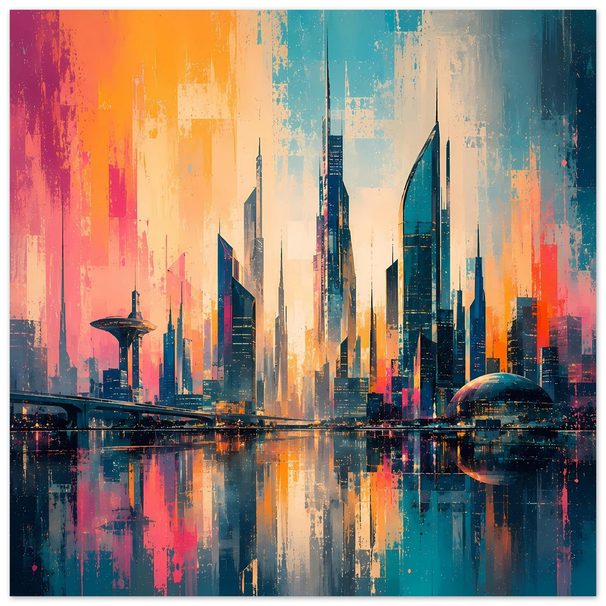Horizontales Stadtposter mit hohen Türmen, Kuppelgebäude und Reflexionen im Abendlicht