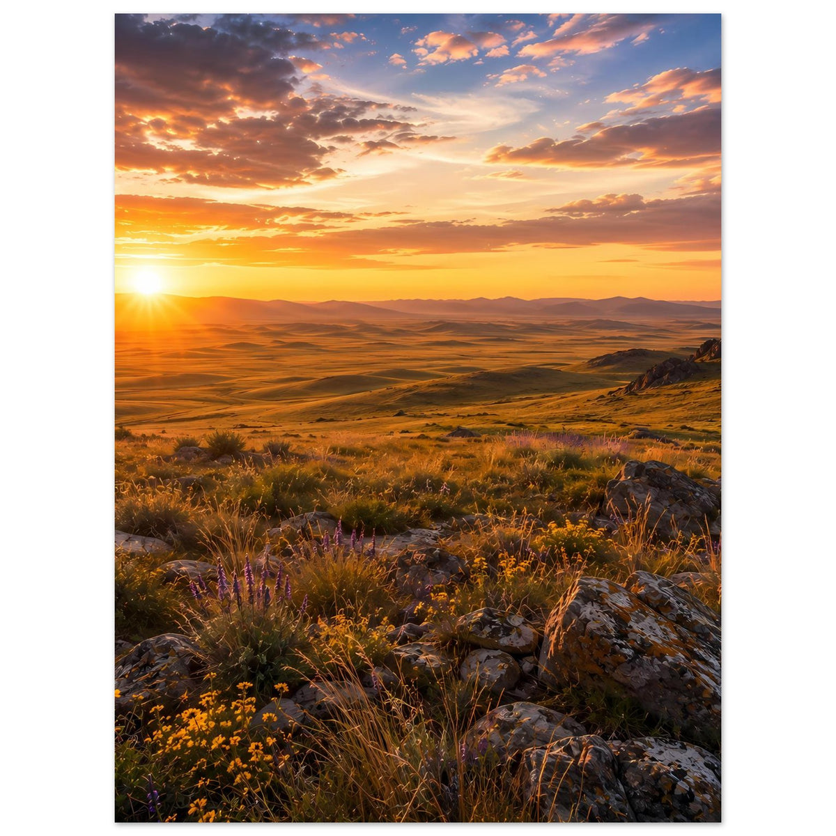 Hochformatiges Poster mit Sonnenaufgang, weiten Hügeln, Gras und Felsen im goldenen Licht