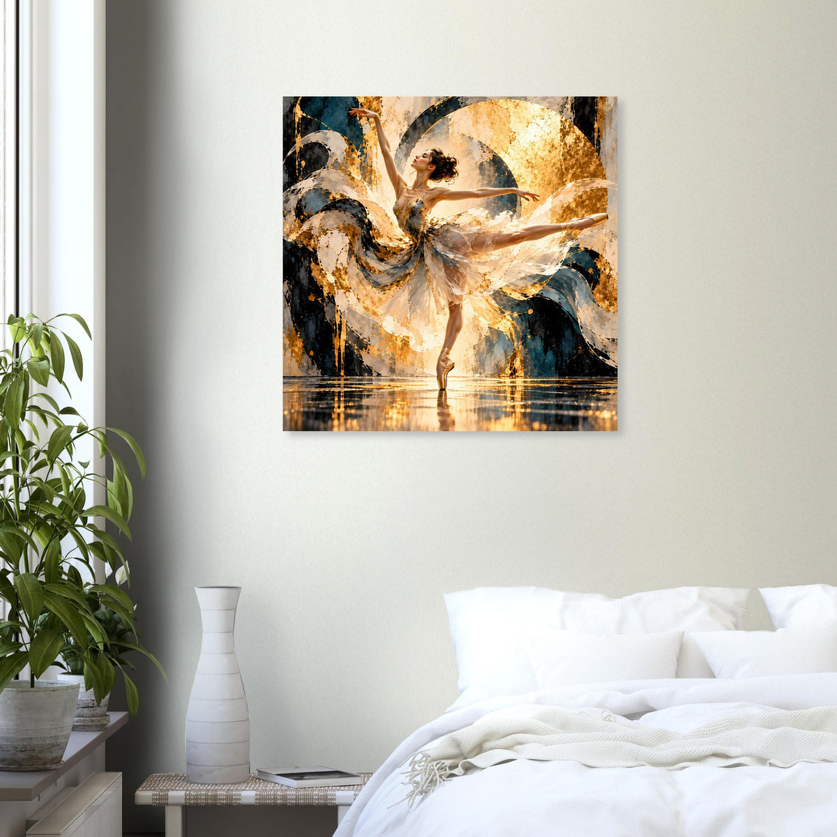 Ballett-Tanzkunstposter mit abstrakter Ballerinafigur, goldblauem Motiv und dunklen Konturen