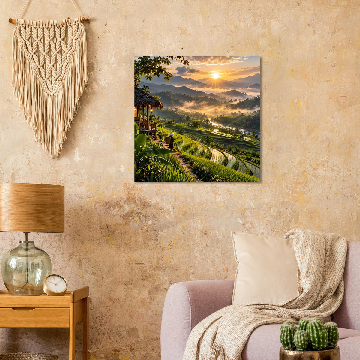 Quadratisches Landschafts-Poster mit Sonnenuntergang, Nebel im Tal und grünen Terrassen