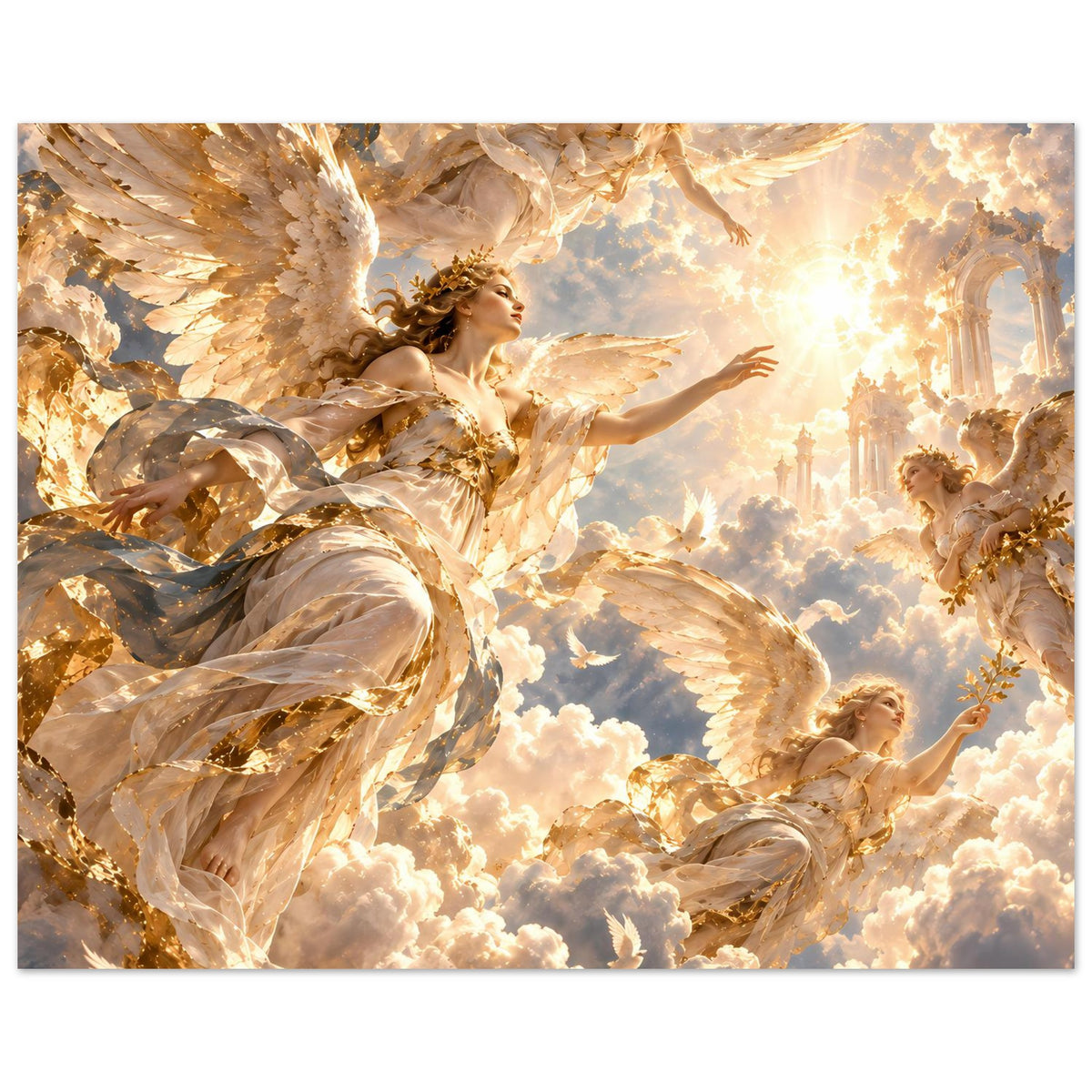 Premium-Matte-Poster mit goldenen Engelsflügeln, Frauengröße Figur im Lichtglanz