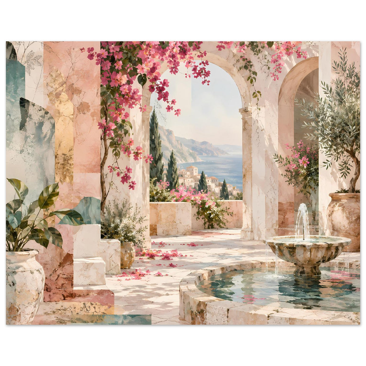 Kunstposter: mediterrane Terrasse mit Brunnen, Steinarkaden, pinken Blüten und Grünpflanzen