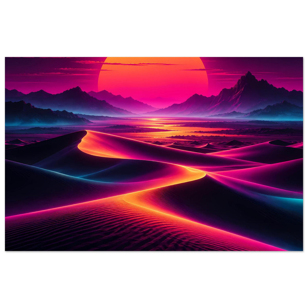 Neon-Sonnenuntergangs-Poster mit Wüstenlandschaft, großem gelb-orangefarbenen Mond und Lichtstraßen