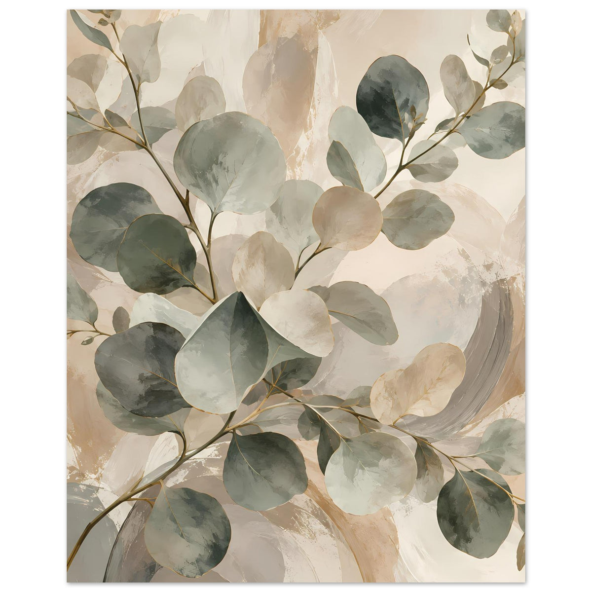 Botanisches Poster mit Aquarellblättern und Zweigen in Salbeigrün/Beige, vertikal