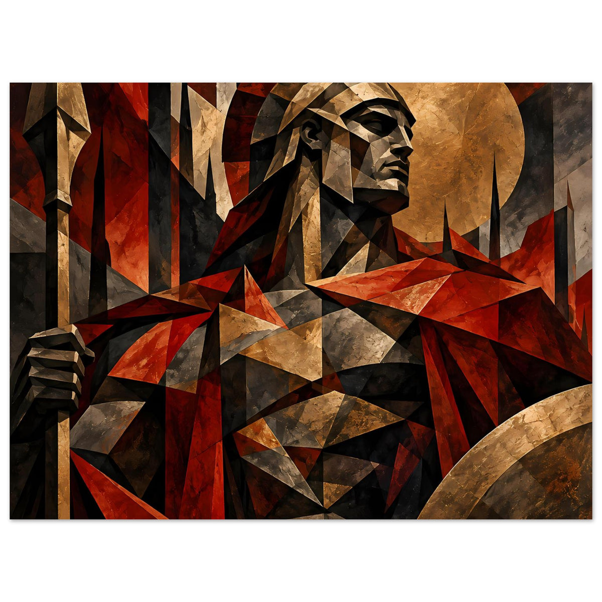 Spartaner-Krieger-Poster, Nahansicht mit Helm und Gesicht in Rot-, Gold- und Grautönen