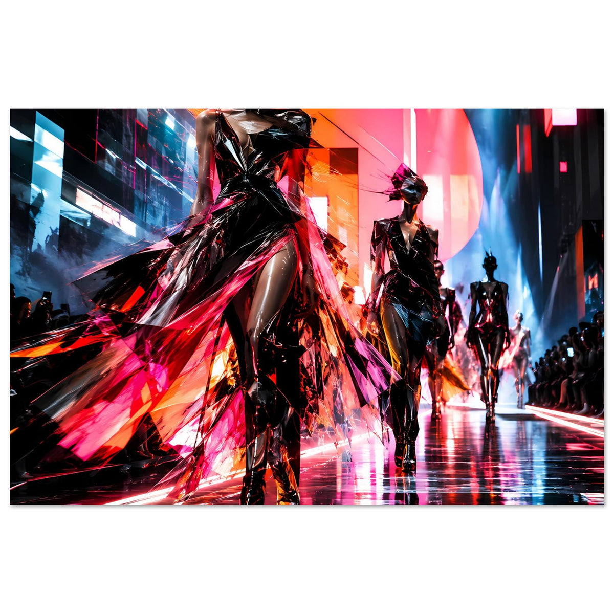 Querformat-Neon-Fashion-Poster: Laufsteg-Silhouetten von Models, schwarz mit leuchtendem Pink