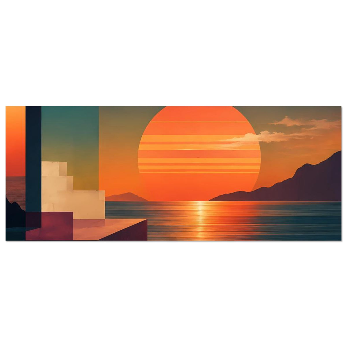 Horizontales Poster mit abstrakter Küstenarchitektur, orangefarbener Sonne und Spiegelungen im Meer