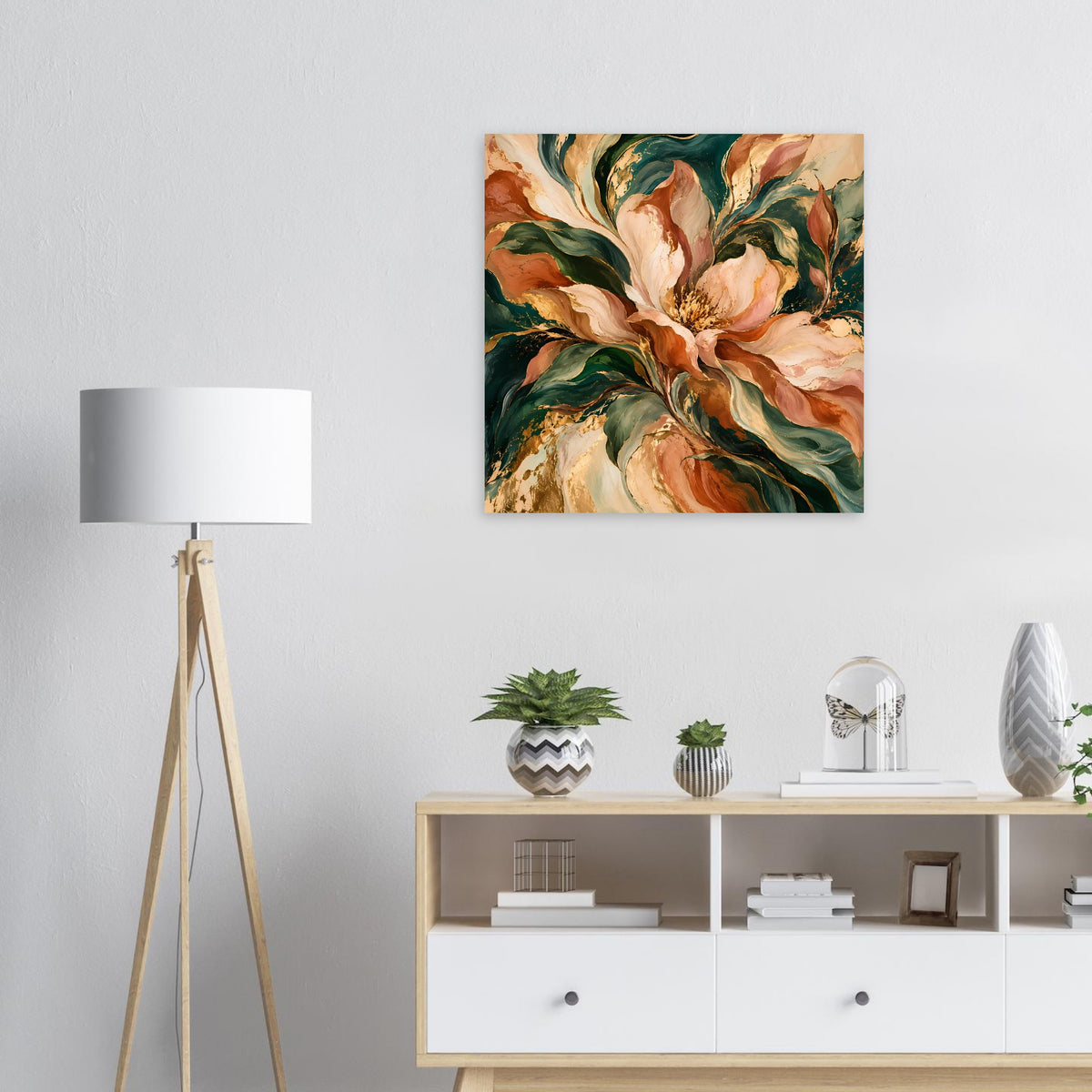Blumenposter mit Pfingstrosen in Creme, Grün und Terrakotta, quadratisches Motiv
