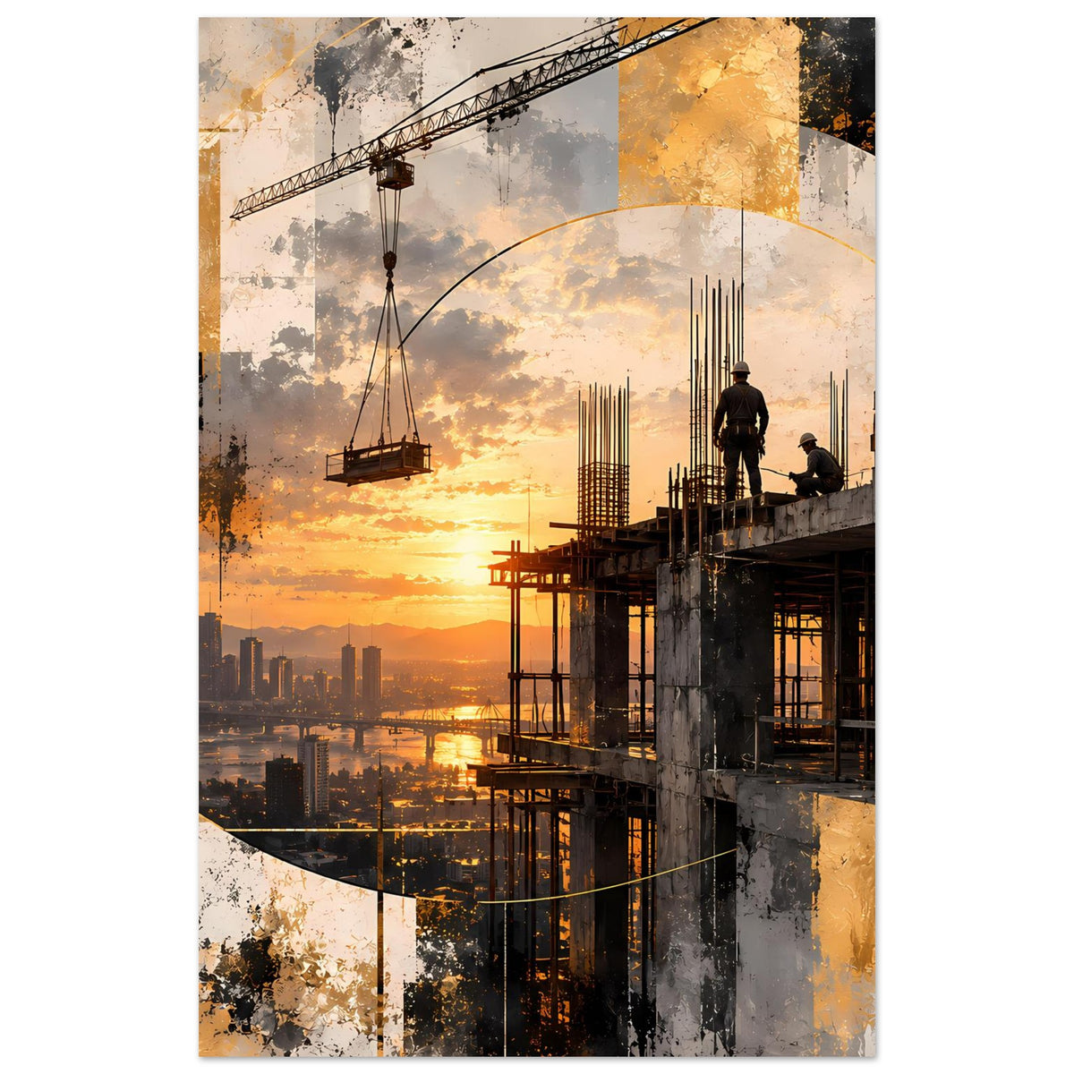 Abstraktes Bau-Poster: Sonnenuntergang über Baustelle mit Kranseilen, Stahlgerüst und Figuren