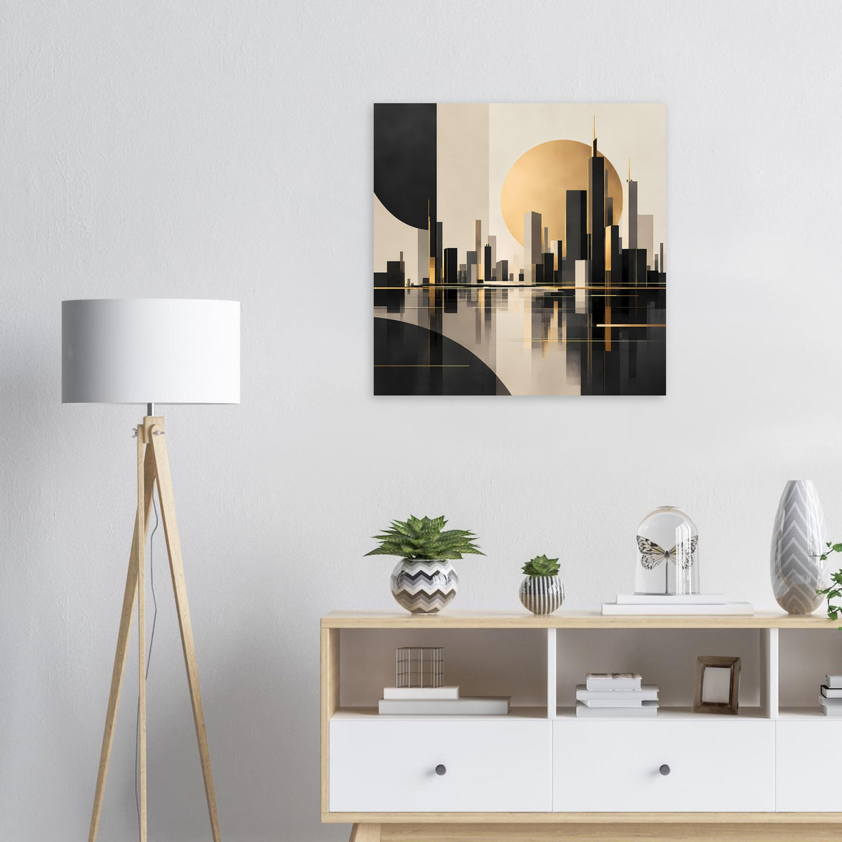 Abstraktes Stadtposter in Gold, Schwarz und Beige mit Art-Déco-Skyline
