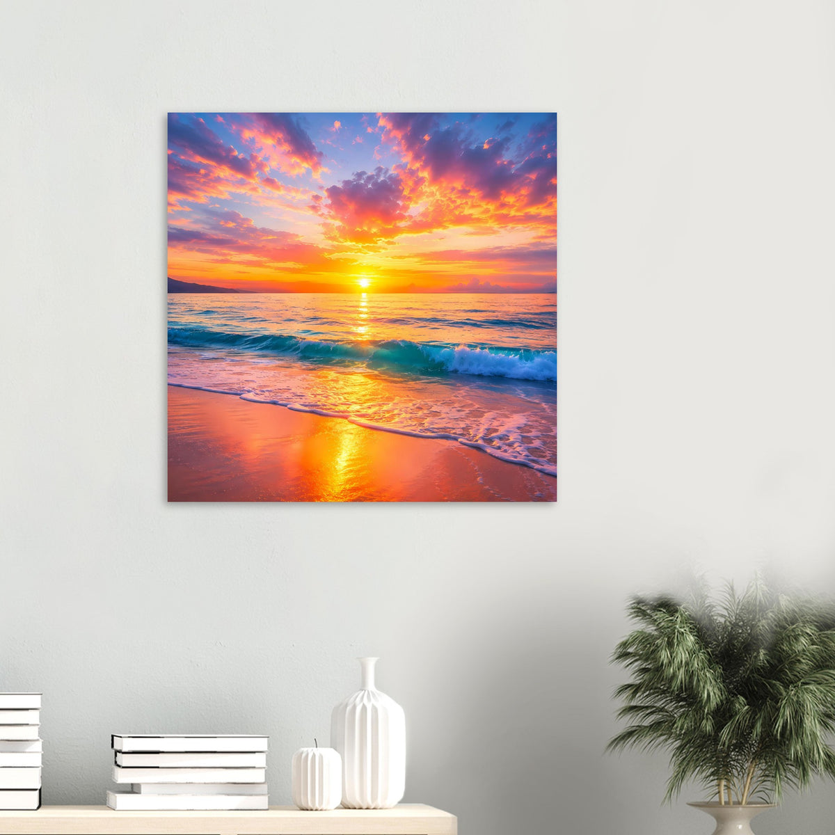 Quadratisches Poster mit Sonnenuntergang über dem Meer und Wellen, goldene Reflexe
