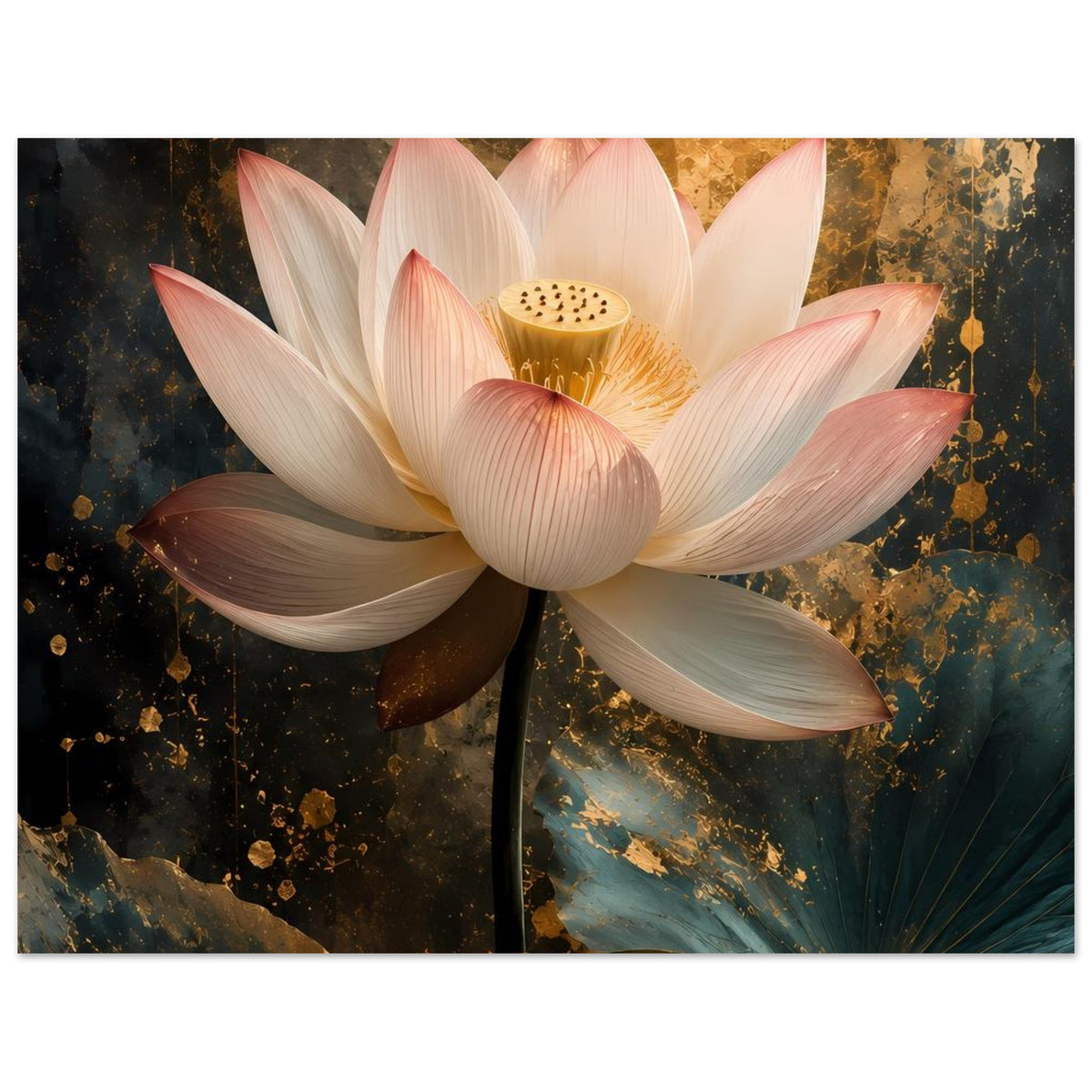 Lotusblüten-Poster: weiße Blütenblätter mit rosa Akzenten und goldene Blütenmitte
