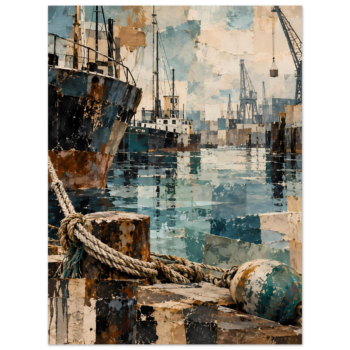 Maritimes Poster im Hochformat: Schiffsbug links, Seil am Kai, Wasser und Hafenkräne